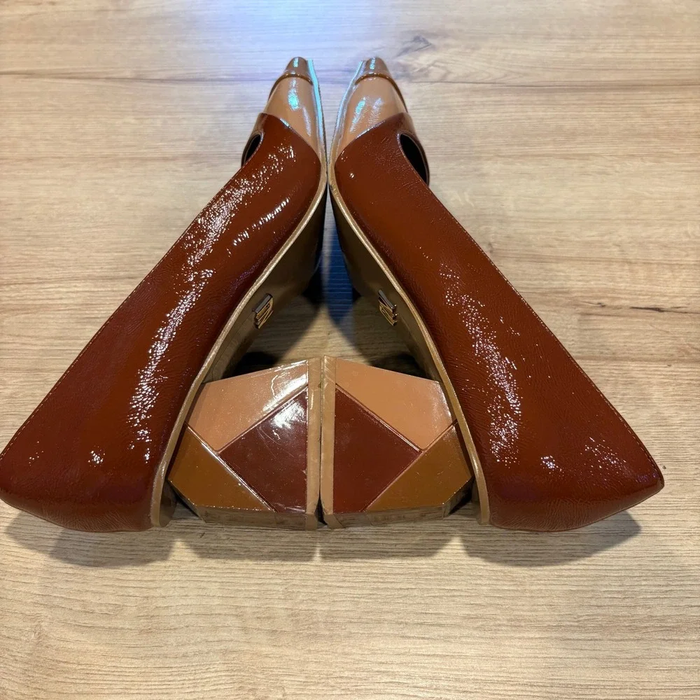 Ninety Union Womens Brown Colorblock Patent Geometric Block Heel Square Toe Pump